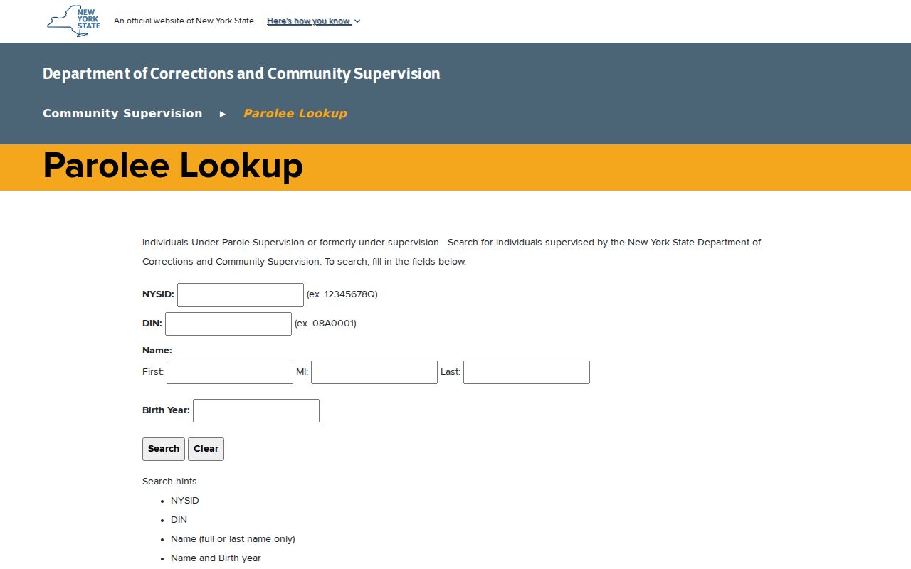 New York DOCCS Parolee Lookup interface for state supervision records