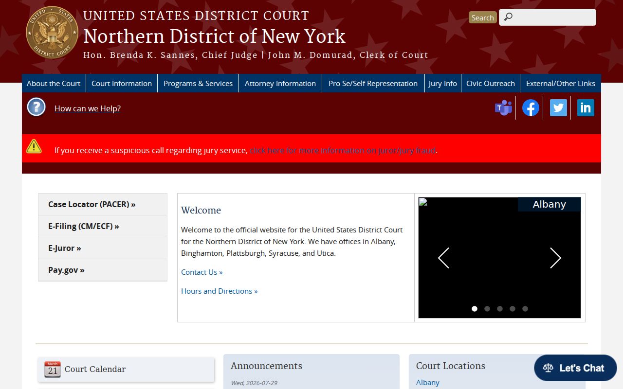 Northern District of New York federal court website for the Albany federal docket