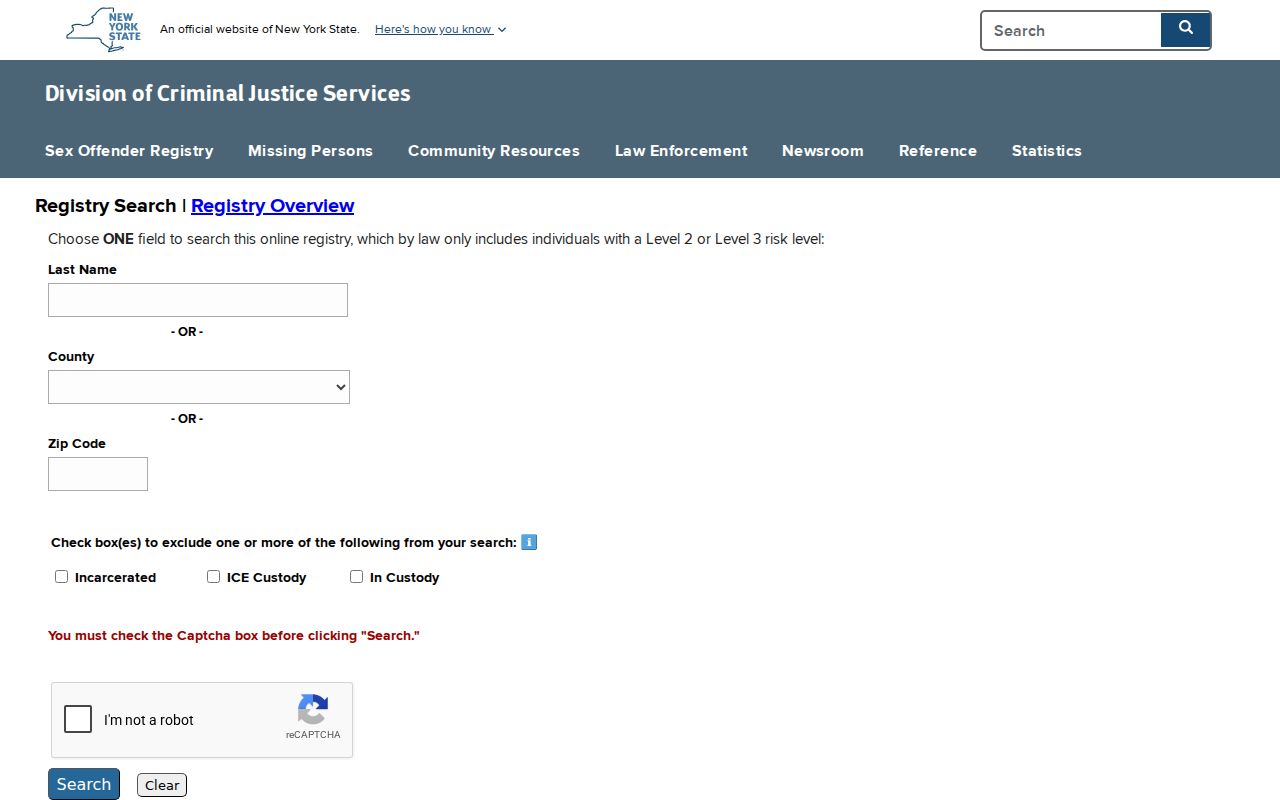 Albany County sex offender check search form in the DCJS directory